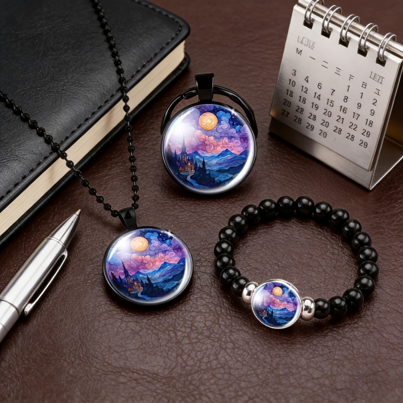 3pc Men's Black Accessory Set with Castle Design Necklace, Bracelet, Keychain